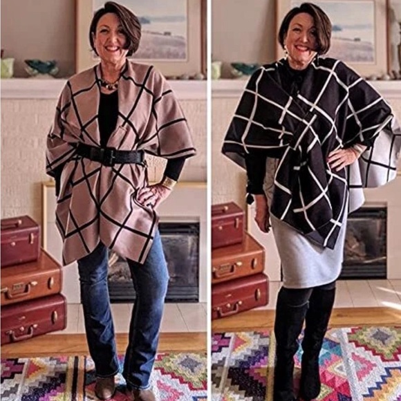 Moss Rose Women's Shawl Wrap Poncho Ruana Cape Open Front Az Black and Khaki - Picture 4 of 10